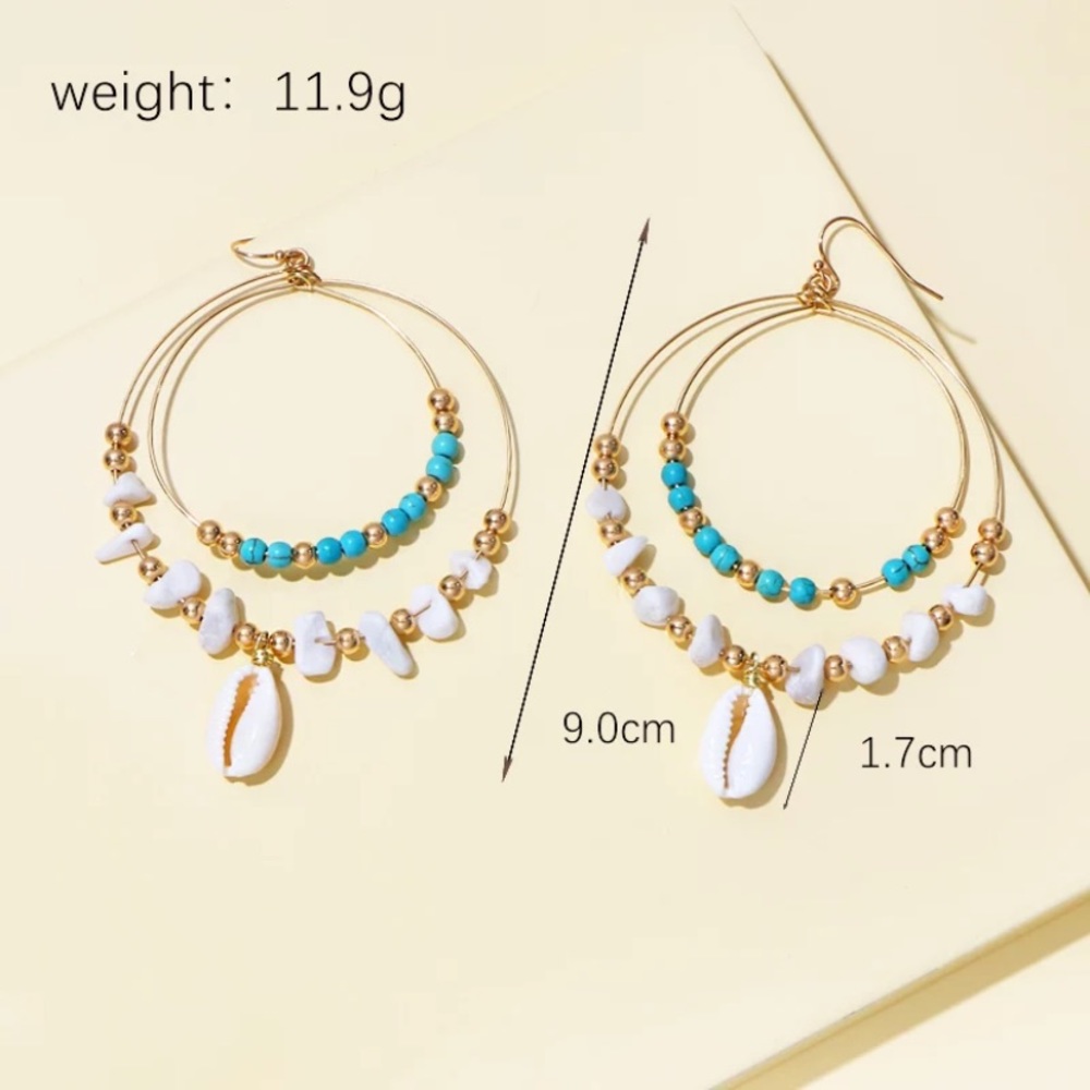 SOLD OUT Turquoise Stone Beaded Cowrie Shell Hoop Earrings - Picture 3 of 4